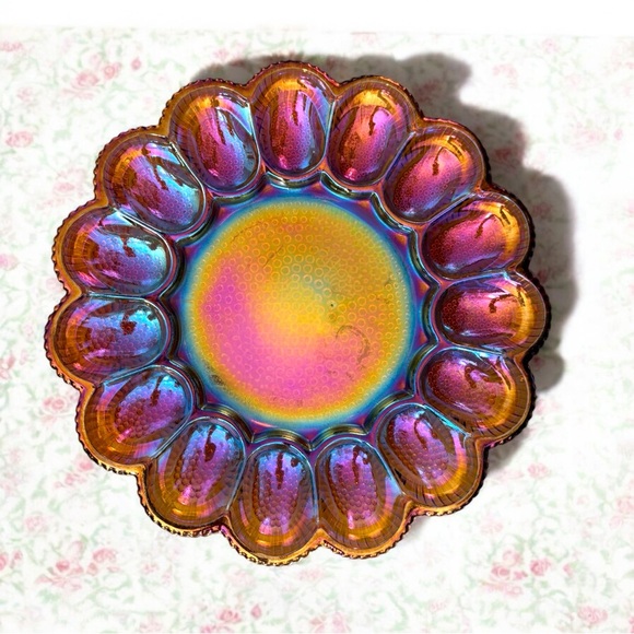 Vintage Other - Vintage Carnival Glass Antique Hobnail Deviled Egg Platter Dish 11" Rainbow